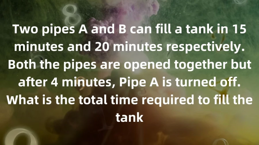 Picture two pipes, A and B, on a mission to fill a tank. Pipe A needs 15 minutes, and Pipe B needs 20. They kick off together, but after 4 minutes, Pipe A takes a break. Want to know how much more time is needed to fill the tank completely? Let's figure it out!