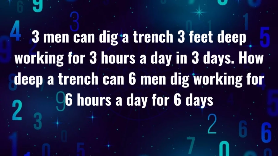Discover the math behind trench digging efficiency: 3 men, 3 feet deep, 3 hours/day, 3 days. Now, envision double the workforce, time, and effort. What depth can 6 men reach in 6 hours/day, 6 days?