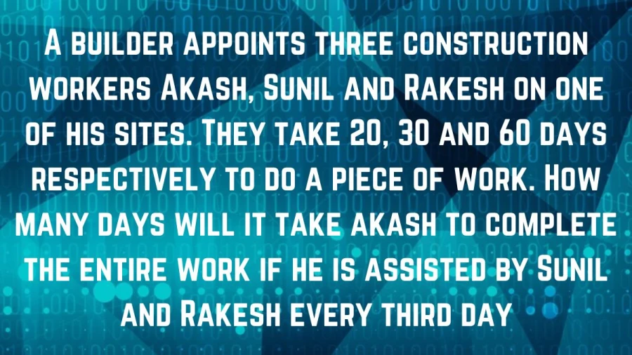Explore the dynamic teamwork dynamics of Akash, Sunil, and Rakesh in construction. Calculate Akash's projected timeframe for completing the full scope of work, supported by his colleagues every third day.