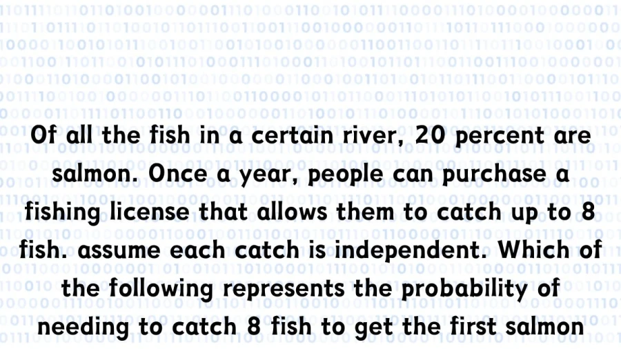 Dive into the statistics of salmon fishing in a river where only a fifth of the fish are salmon. Calculate the likelihood of needing all 8 catches to hook your first salmon.